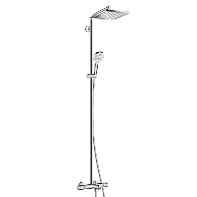 Colonne de douche CROMETTA E 240, baignoire mélangeur de douche thermostat 1/2", robinet d'arrêt, inverseur, douche de tête, Crometta E 240 1jet 240 x 240 mm, Quick Clean bras de douche orientable douche à main Crometta Vario tuyau de douche Isiflex 160 cm, classe énergie F,  groupe acoustique I, chromé