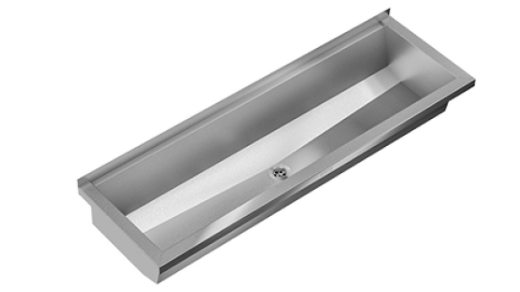 Lavabo rigole Planox PL18 - 180 x 38,2 cm, acier au nickel chrome, rebord derrière soupape à grille 1 1/2" au milieu