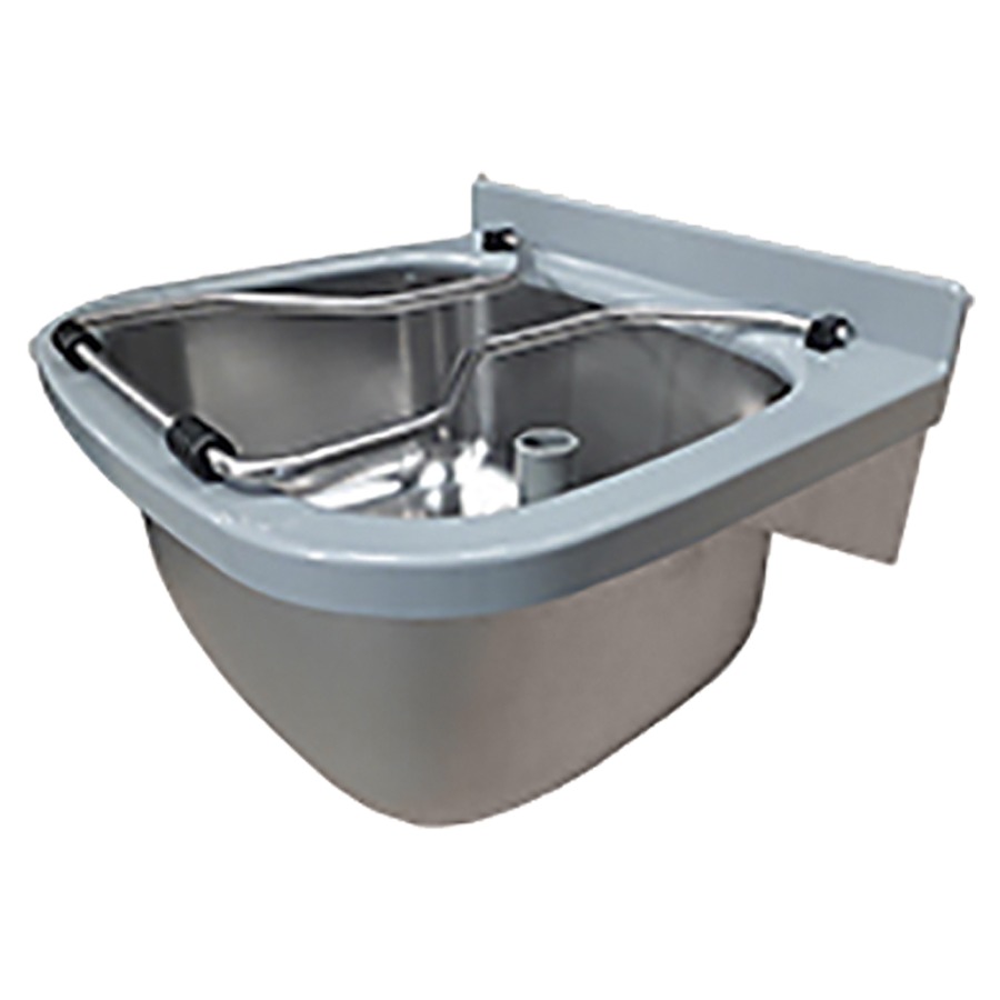 Bac de lavage SIRIUS pour montage mural, en inox, finition satinée, épaisseur de materiel 1 mm, bords arrondis, avec cadre en plastique gris, avec grille rabattable, avec tube de surverse en plastique G 1 1/2B, écoulement à droite, avec dosseret arrière 44 mm et matériel de fixation compris.