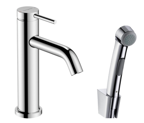 Mélangeur de lavabo TECTURIS S 110, S 116 mm, goulot fixe hauteur d'écoulement 105 mm EcoSmart+, avec douche à main bidette et tuyau de douche 160 cm, avec vidage Push-Open débit 5 l/min, chromé
