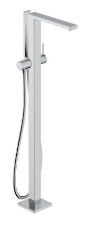 Mélangeur de bain Tecturis E - S 194 mm, goulot fixe H jusqu'à aérateur 895-975 mm avec colonne pour montage à pose libre, douche à main bâton, tuyau de douche support de douche, sans corps à encastrer 758 415, chromé