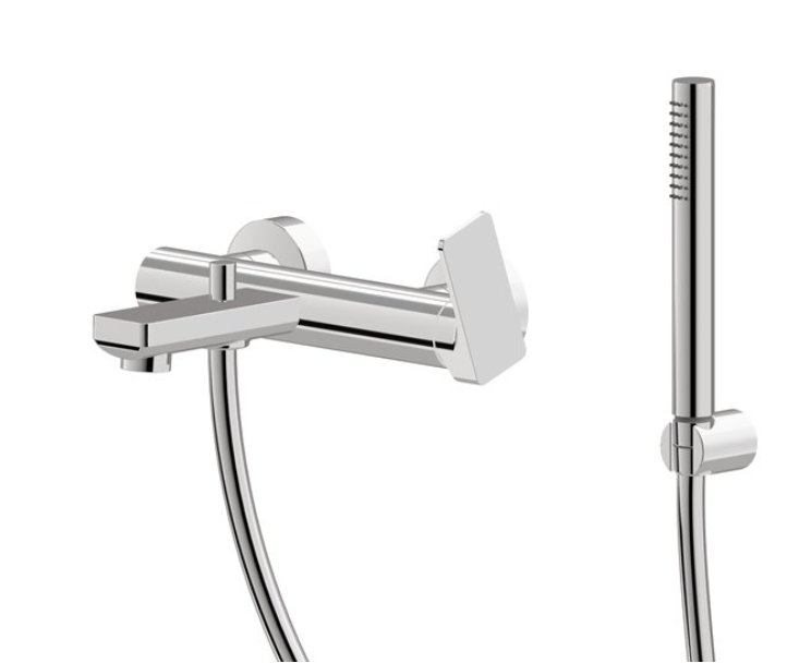 Mélangeur de bain complet B-EASY E 150 mm, avec raccords excentriques 1/2 x 3/4, flexible 150 cm et douche à main et support douchette, chromé