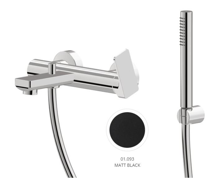 Mélangeur de bain complet B-EASY E 150 mm, avec raccords excentriques 1/2 x 3/4, flexible 150 cm et douche à main et support douchette, noir mat