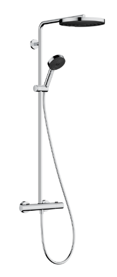 Colonne de douche Pulsify S Puro Showerpipe, douche de tête ronde amovible diam. 260 mm 1jet avec thermostat Ecostat Fine E 150 mm, raccords à visser 1/2" et douchette 3jet, groupe acoustique I, classe énergie C, chromé