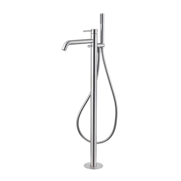 Mélangeur de bain X-STEEL 316, S 243 mm, goulot fixe, avec poignée, H jusqu'à aérateur 793 -775 mm avec colonne pour montage à pose libre, douche à main, tuyau de douche, sans corps à encastrer, acier inox