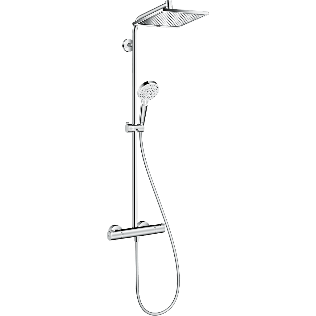 Colonne de douche CROMETTA E 240 (tête de douche carrée) 1JET, EcoSmart mélangeur de douche thermostat 1/2", robinet d'arrêt inverseur, douche de tête Crometta E 240 1jet 240 x 240 mm, EcoSmart, QuickClean, bras de douche 350 mm, douche à main Crometta VarioEcoSmart, tuyau de douche Isiflex 160 cm, débit 9 l/min, tuyau d'eau ascendant : raccourcir au-dessous, Classe énergie B, groupe acoustique I, chromé