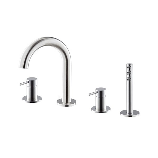 [1621S0878] Batterie de remplissage X-STEEL 316, 4 trous, goulot de baignoire S 148 mm, robinets latéraux 1/2", douche extensible, inverseur automatique, pour montage sur bord de baignoire, sans système de drainage pour robinetterie montée sur rebords 371.00.000, groupe NT, acier inox