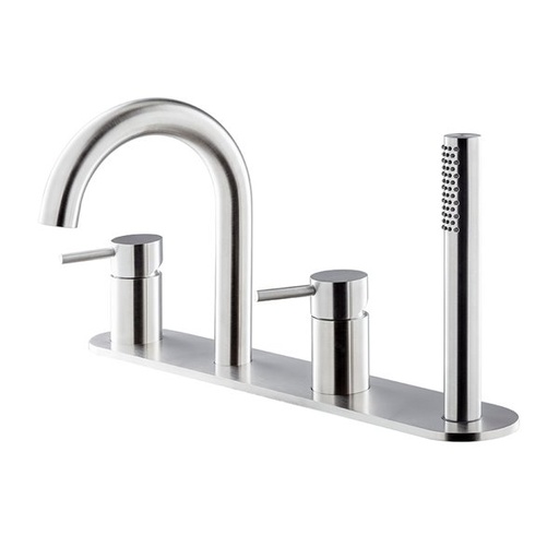 [1621S0879] Batterie de remplissage X-STEEL 316, 4 trous, plaque de recouvrement, goulot de baignoire S 148 mm, robinets latéraux 1/2", douche extensible, inverseur automatique, pour montage sur bord de baignoire, sans système de drainage pour robinetterie montée sur rebords 371.00.000, groupe NT, acier inox