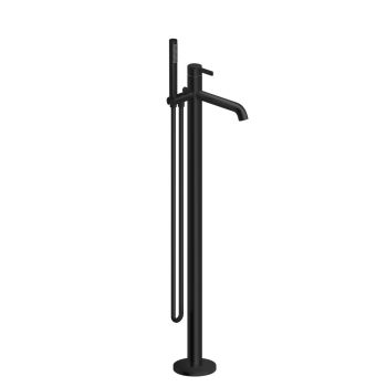 [1621S0906] Mélangeur de bain BEVO S 215 mm, goulot fixe H jusqu'à aérateur 790-886 mm avec colonne pour montage à pose libre, douche, tuyau de douche 150 cm, sans corps à encastrer Nr. 39.000.602.931, noir mat