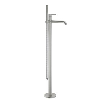 [1621S0907] Mélangeur de bain BEVO S 215 mm, goulot fixe H jusqu'à aérateur 790-886 mm avec colonne pour montage à pose libre, douche, tuyau de douche 150 cm, sans corps à encastrer Nr. 39.000.602.931, acier inoxydable brossé