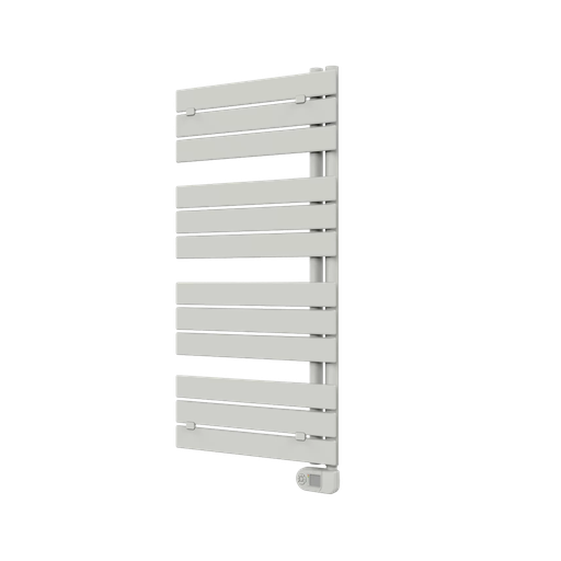 [1619C0043] Radiateur sèche-serviette électrique AGATA 111, L111x55 cm, 500W, barres plates, doubles barres verticales situées sur la droite, avec thermostat et commande à distance à fonction programmable heures/jours, jeu de montage inclus 4 pièces, couleur BLANC