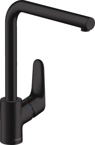 [1621C1615] Mélangeur d'évier FOCUS 280 S 222 mm goulot orientable 110/150/360°, débit 12 l/min cartouche en céramique poignée position à gauche ou à droite, groupe acoustique I , Noir mat
