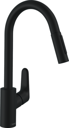 [1621C1618] Mélangeur d'évier FOCUS 240 S 220 mm goulot orientable 150°, douche extensible réglable, débit 9,5 l/min cartouche en céramique groupe acoustique I , Noir mat