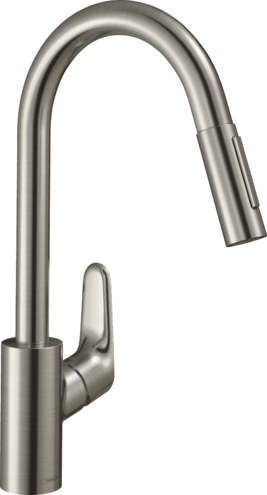 [1621C1619] Mélangeur d'évier FOCUS 240 S 220 mm goulot orientable 150°, douche extensible réglable, débit 9,5 l/min cartouche en céramique groupe acoustique I  , Effet acier inox