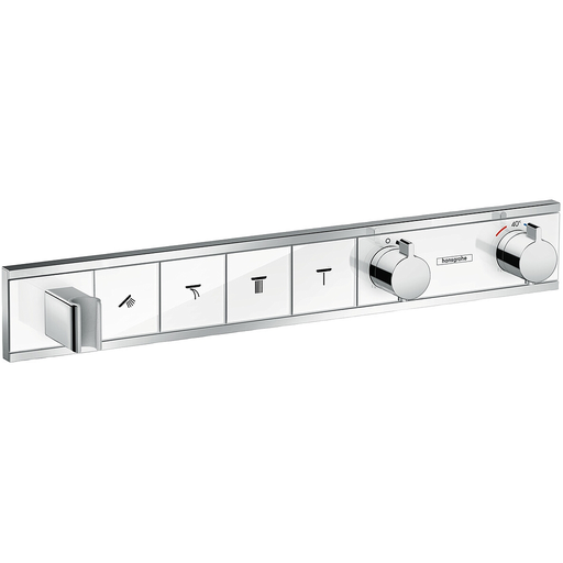 [1621C0748] Module Thermostat RAINSELECT UP, set de montage final thermostat avec robinet d'arrêt et Select-Button pour la commande de 4 sorties support de douche, débit 26 l/min, sans corps à encastrer Nr. 15312180, groupe acoustique II, blanc / chromé