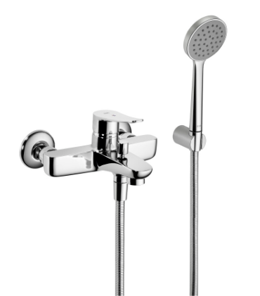 [1621C0824] Mélangeur de bain ACTIVO E 153 mm, raccords d'arrêt 1/2" x 3/4", douche, tuyau de douche 180 cm, support, groupe acoustique NT, chromeline